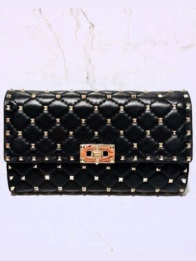Valentino Garavani Black Quilted Studded Clutch - chain with Gold Hardware